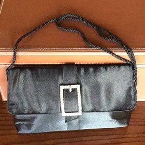 Black Satin Clutch With Rhinestone Buckle